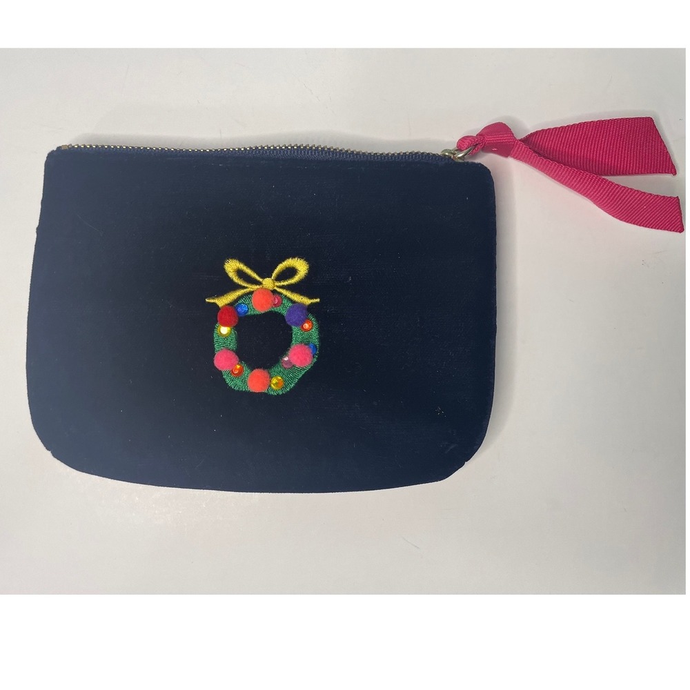 Talbots Coin Purse Pouch Women OS Navy Blue Excellent Velvet Holiday Wreath Bow